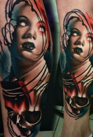 腿部新风格的彩色可怕女人纹身图案