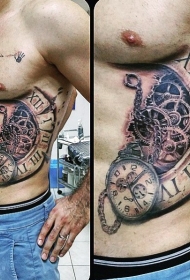 腰侧非常现实旧机械时钟纹身图案