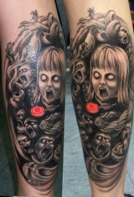 恐怖风格的黑白棒棒糖女孩怪物纹身图案