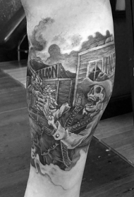 小腿很酷的黑白骷髅西部牛仔和手枪纹身图案