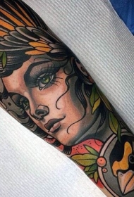 old school彩色神秘部落妇女与小鸟纹身图案