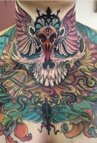 胸部大面积old school彩色蛇骷髅花朵纹身图案
