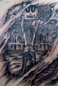 黑白撕皮摩托车赛场纹身图案