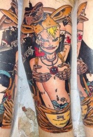 受伤的女生与猴子卡通纹身图案