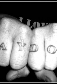 手指节黑色的文字母纹身图案