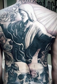 背部石雕风格的雕像与骷髅玫瑰纹身图案