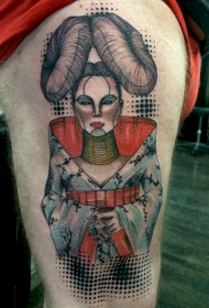 腿部PS图象处理软件风格的彩色艺妓纹身