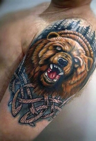 大臂有趣的彩色树林熊头纹身图案