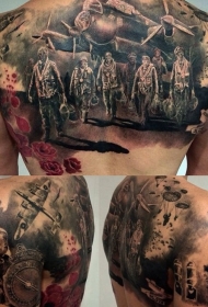 背部写实风格的彩色二战飞行员和飞机纹身图案