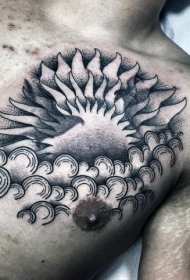 old school胸部黑色太阳和云纹身图案