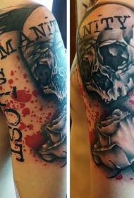 色PS图象处理软件风格的颅骨和玫瑰纹身