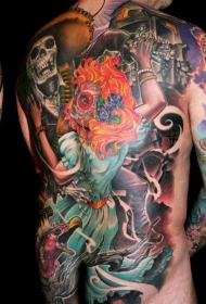 墨西哥本土传统彩色骷髅女郎满背纹身图案