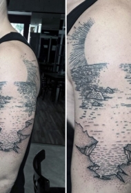 手臂黑色线条海岸日落纹身图案