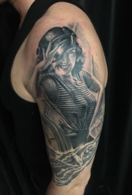 大臂old school黑白女水手纹身图案