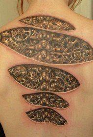 背部撕皮机械骨骼零件纹身图案