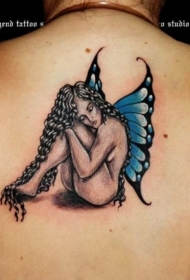 背部黑色长发精灵纹身图案