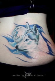 腰部彩色自然的月亮狼纹身图片