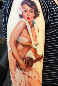 肩部彩色性感辣妹纹身图案