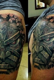 肩部逼真石雕风格彩色大面具纹身