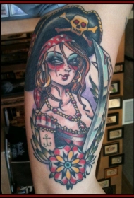 女性手臂彩色海盗女人纹身图案