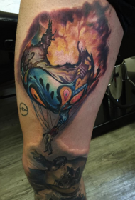 腿部漂亮的彩色燃烧气球纹身图案