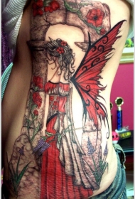 侧肋差画风精灵花卉纹身图案
