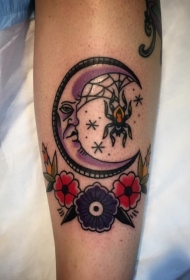 腿部老派风格的彩色月亮与蜘蛛纹身