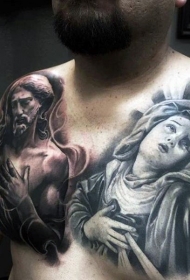 胸部彩色宗教圣人肖像纹身图案