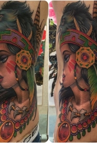 侧肋new school漂亮的彩色印度女人纹身图案