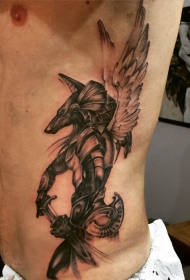 侧肋黑灰风格埃及神战士纹身图案