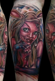 彩色卡通女子与兔耳朵纹身图案