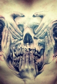 胸部自然神秘骷髅与手纹身图案