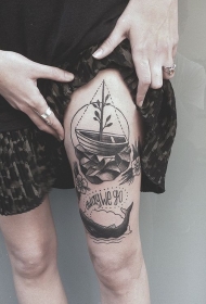 大腿old school黑色船石头字母纹身图案