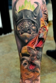 小腿难以置信的彩色卡通动物纹身图案