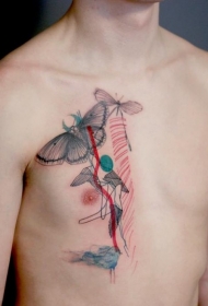 new school胸部彩色蝴蝶和女人线条纹身图案
