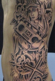 人像十字架收音机玫瑰纹身图案