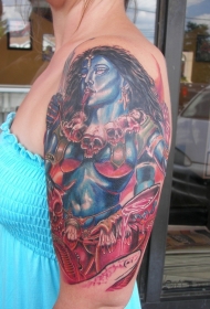 肩部插画风格印度教女神与蛇纹身图案