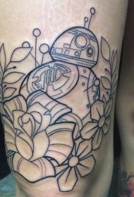 腿部简约黑色大花图案纹身图案