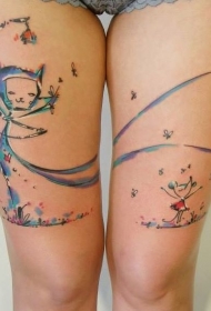 大腿可爱的彩色猫与老鼠创意纹身图案