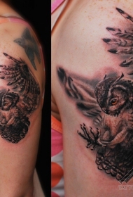 肩部现实主义风格的飞行猫头鹰纹身图案
