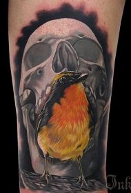 灰色骷髅与黄色的小鸟纹身图案