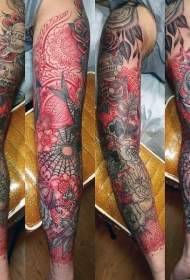 花臂彩色old school花卉纹身图案