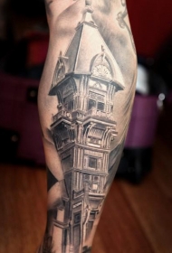 腿部灰色逼真的老式房屋纹身图片