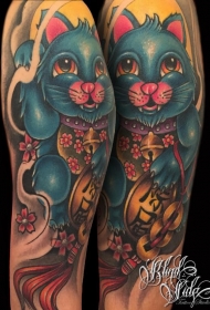 new school彩色招财猫和铜钱纹身图案
