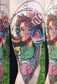 腿部素描风格的彩色妇女肖像纹身