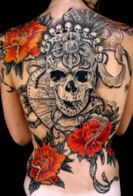 背部黑灰骷髅与红色花朵纹身图案