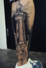 小腿雕刻风格黑色灯塔和浪花纹身图案