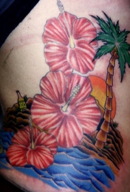 腰侧彩色日落海滩上的芙蓉花纹身