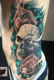 new school侧肋彩色骷髅与鹰和狮子纹身图案