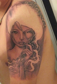 东方女子肖像手臂纹身图案
